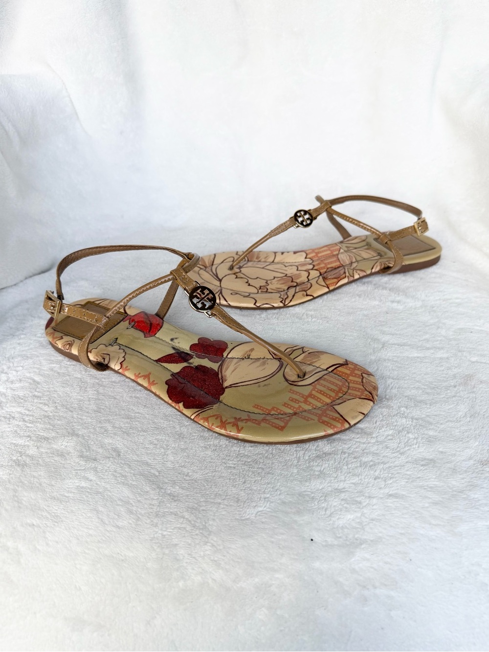 Tory Burch Women’s Floral Print T-Strap Flat Sandals 7.5